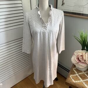 J MCLAUGHLIN Womens Dress Large Beige White Durham Shift Catalina Stretch Preppy